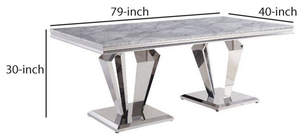Benzara BM261724 Dining Table With Geometric Dual Pedestal Base, Silver