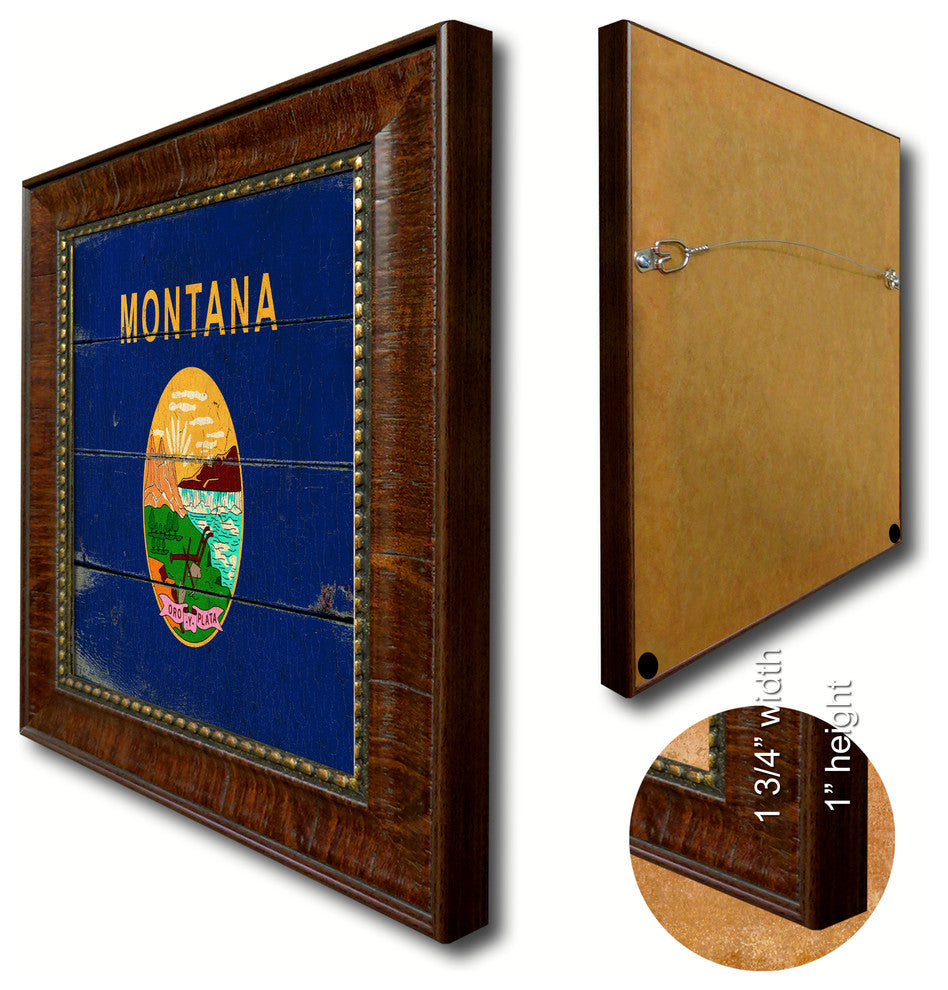 Montana State Vintage Flag Print With Brown Gold Frame, 23"X33"