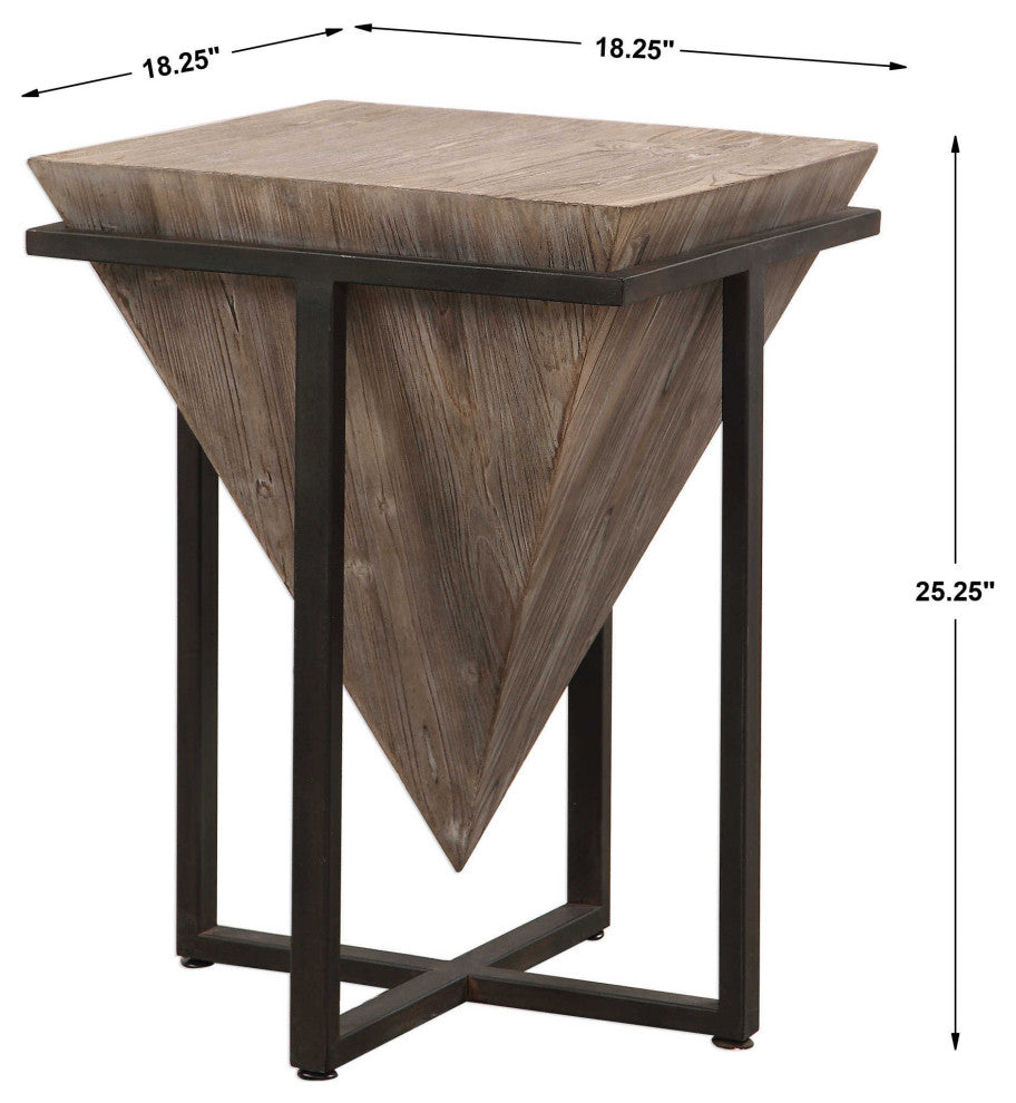 Modern Rustic Industrial Pyramid End Table, Geometric Iron Wood Block Accent