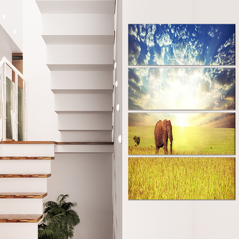Savannah Elephant in Grassland, African Canvas Print, 28"x48", 4 Panels