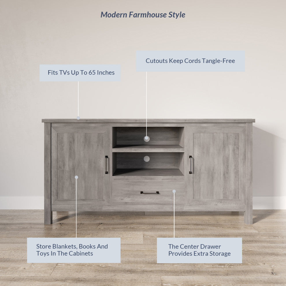 60 Inch Farmhouse TV Stand or Entertainment Center, Gray Wash