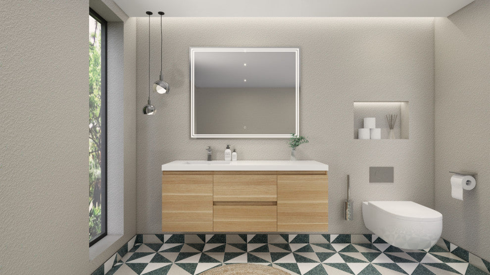 Belli 60" Left Single Sink Wall Mount Vanity, White Oak, Glossy White Top
