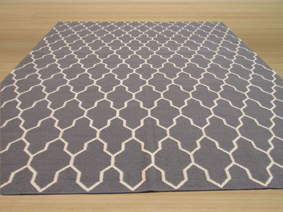 Handmade Wool Gray Transitional Trellis Reversible Modern Moroccan Kilim Rug, 8'x10'