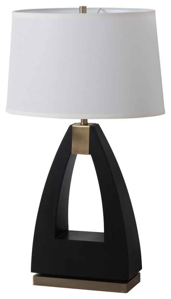 Trina Table Lamp - Wood Finish, Weathered Brass, White Linen Shade, 3-Way Switch