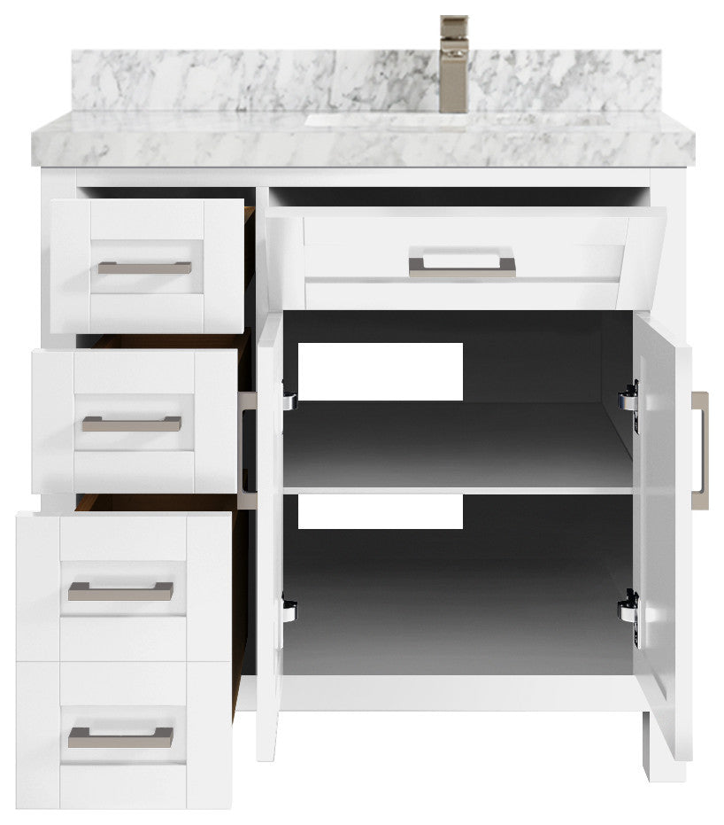 Cambridge 36 Right Offset Bath Vanity in White 2" Carrara Marble