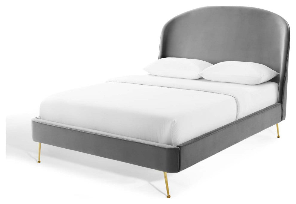 Platform Bed Frame, Queen Size, Velvet, Gray, Modern Contemporary, Bedroom
