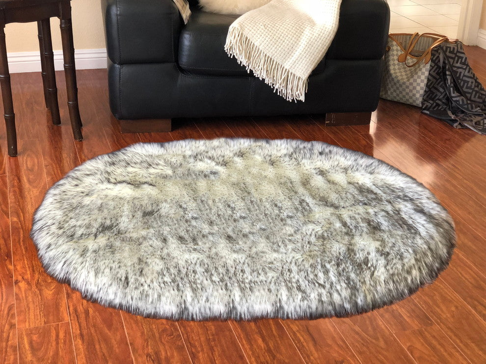 Super Soft Faux Sheepskin Rug, Oval, Twilight, White, Black Tips, 4'x6'