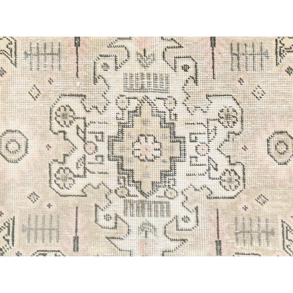 Worn Wool Hand Knotted Ivory Vintage White Wash Persian Tabriz Rug, 6'3" x 9'0"