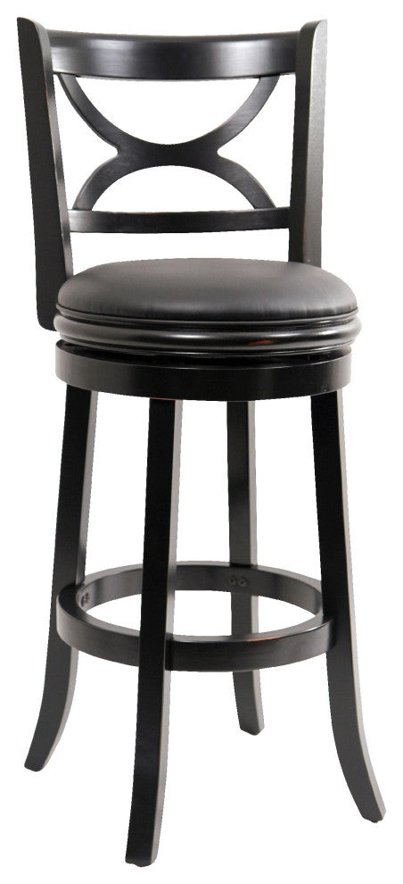 Ava 29 Inch Swivel Bar Stool, Solid Wood, Rich Faux Leather, Midnight Black