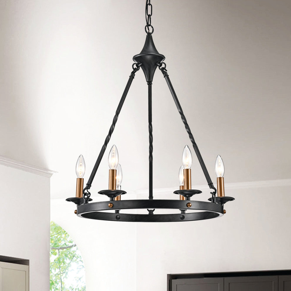 6-Light Antique Black Modern Farmhouse Round Chandelier