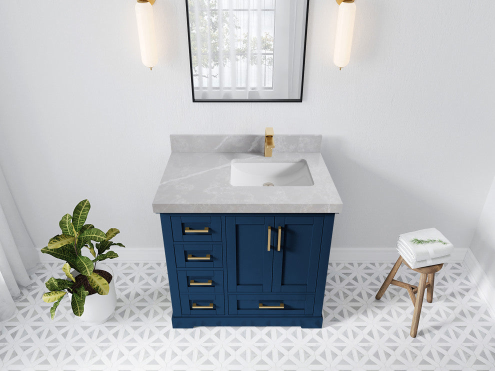 Boston 36 Right Offset Bath Vanity in Navy Blue 2" Pearl Gray
