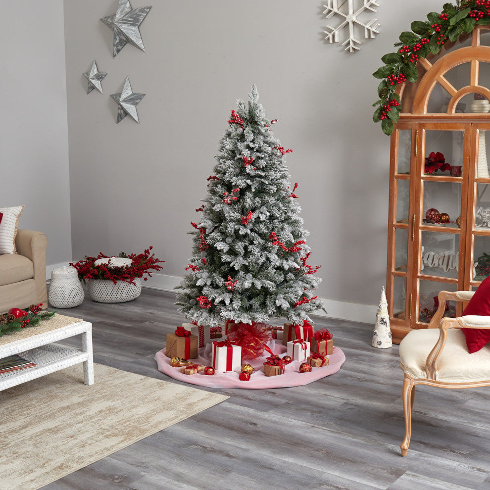 6' Snow Tipped Norwegian Fir Pre-Lit Faux Xmas Tree W/Lights, Berries