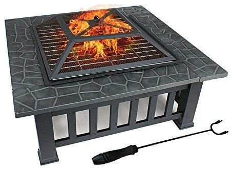 32" Gray Square Charcoal or Wood Burning Fire Pit With Cover