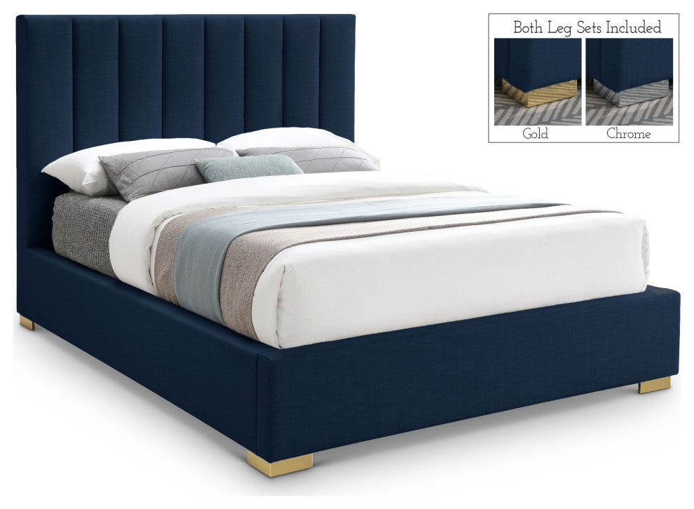 Pierce Linen Textured Fabric Upholstered Bed, Navy, Full