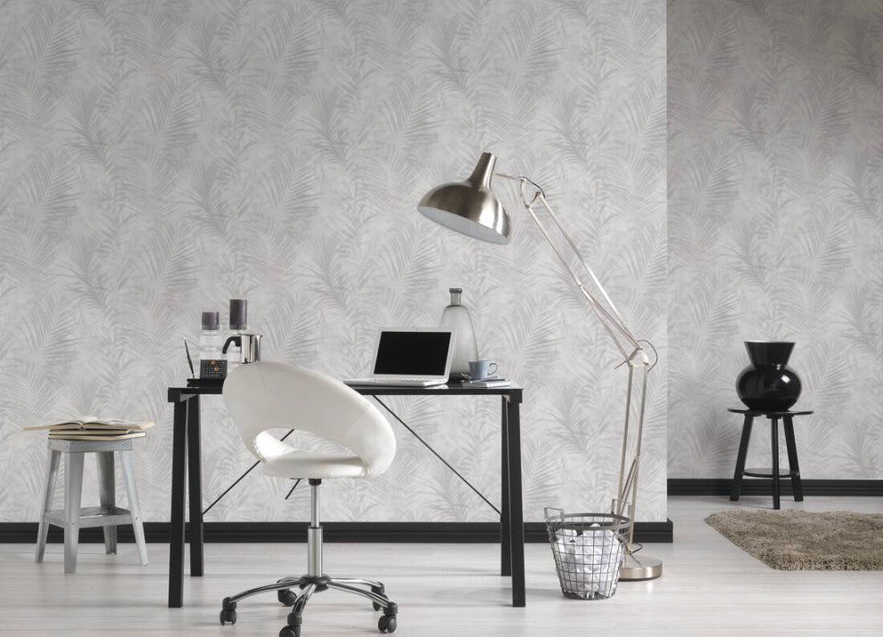 Floral Textured Wallpaper, Palm Tree Leaves, 374115, Gray Silver, 1 Roll