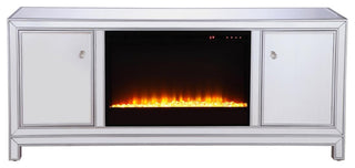 60" Mirrored Tv Stand With Crystal Fireplace Insert In Antique Silver