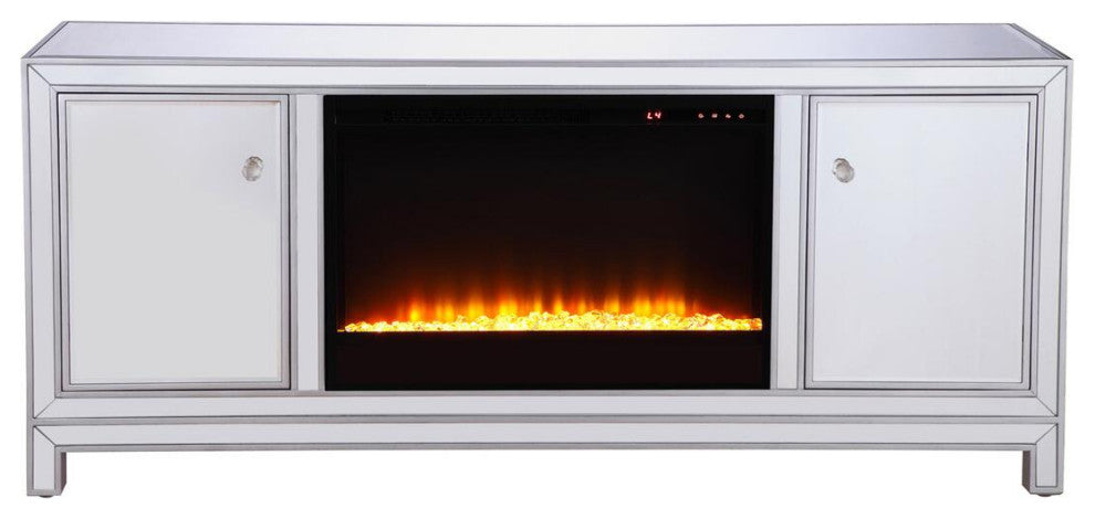60" Mirrored Tv Stand With Crystal Fireplace Insert In Antique Silver