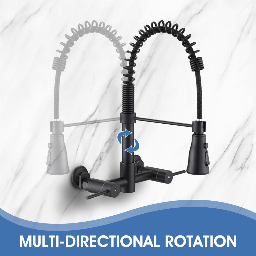 Double Handle Wall Mounted Spring Neck Bridge Kitchen Faucet, Matte Black
