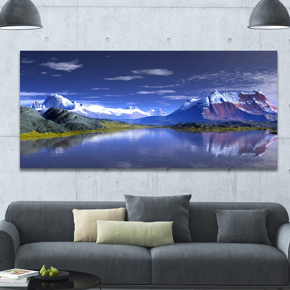 3D Rendered Mountains and Lake, Landscape Canvas Art Print, 60"x28"