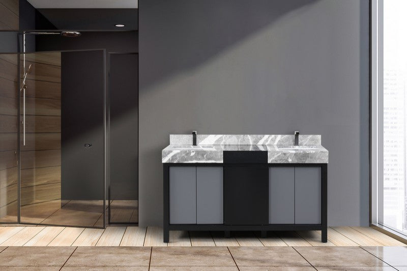 Zilara 60" Black and Grey Double Vanity, Balzani Gun Metal Faucet Set