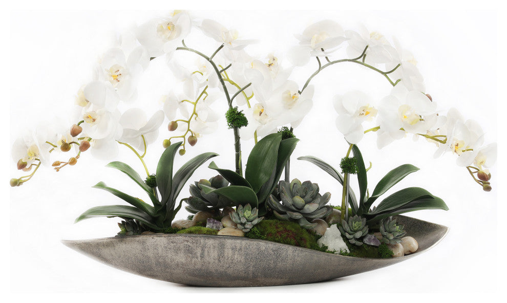 Cream White Real Touch Phalaenopsis Orchids in Large Metal Tray