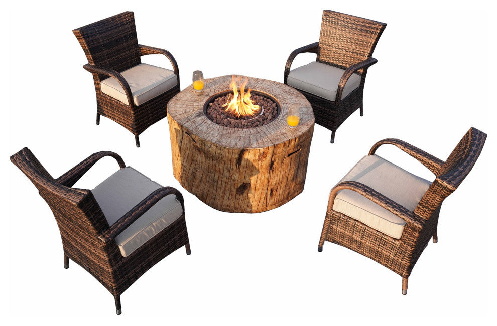 Patio Wood Coating Propane Fire Pit Table with Cushioned Chairs, Round-1