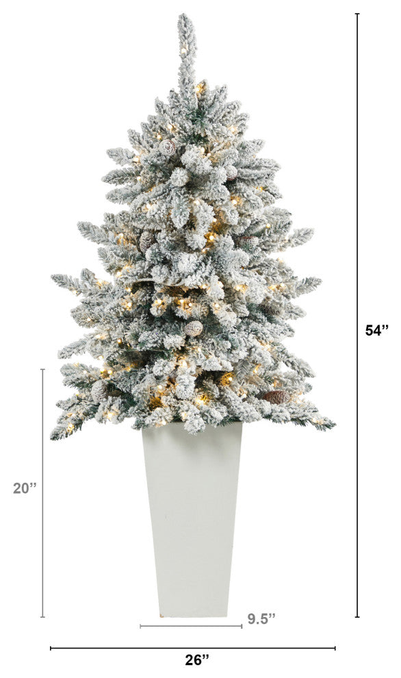 4.5' Flocked Livingston Fir Faux Xmas Tree W/Pinecones & Lights, Tall Planter