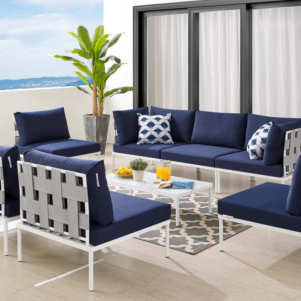 Sectional Sofa Chair Table Set, Sunbrella, Aluminum, Gray Blue Navy, Outdoor