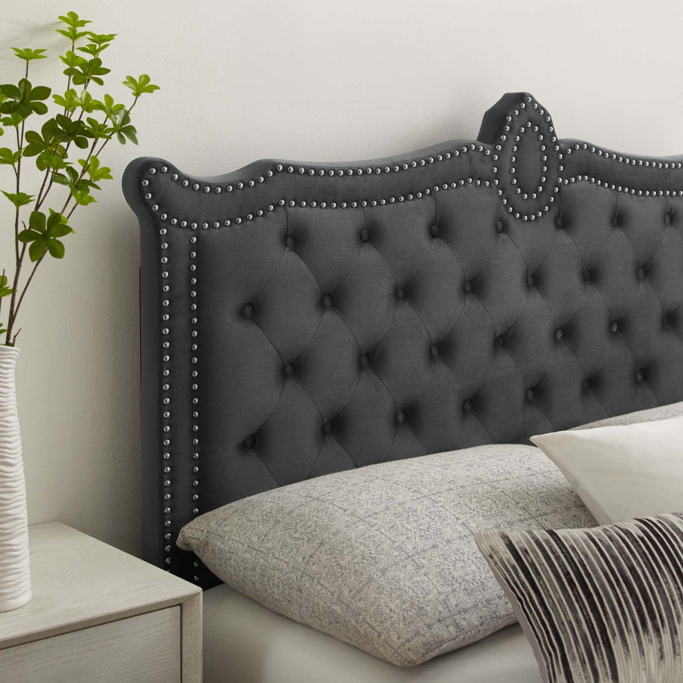 Platform Bed Frame, Nailhead, Queen Size, Charcoal Gray, Velvet, Modern