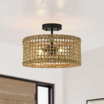 14" W 2-Light Rattan Drum Semi-Flush Mount Ceiling Light