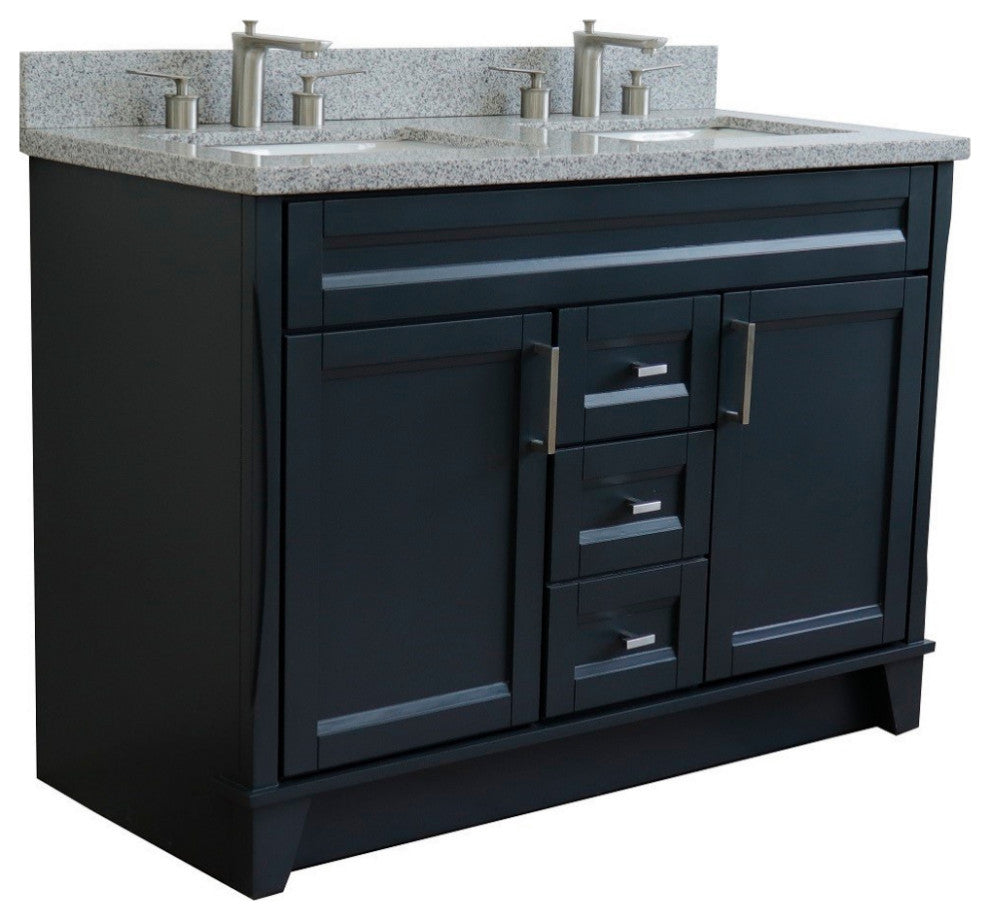 48" Double Sink Vanity, Dark Gray Finish With Gray Granite And Rectangle Sink