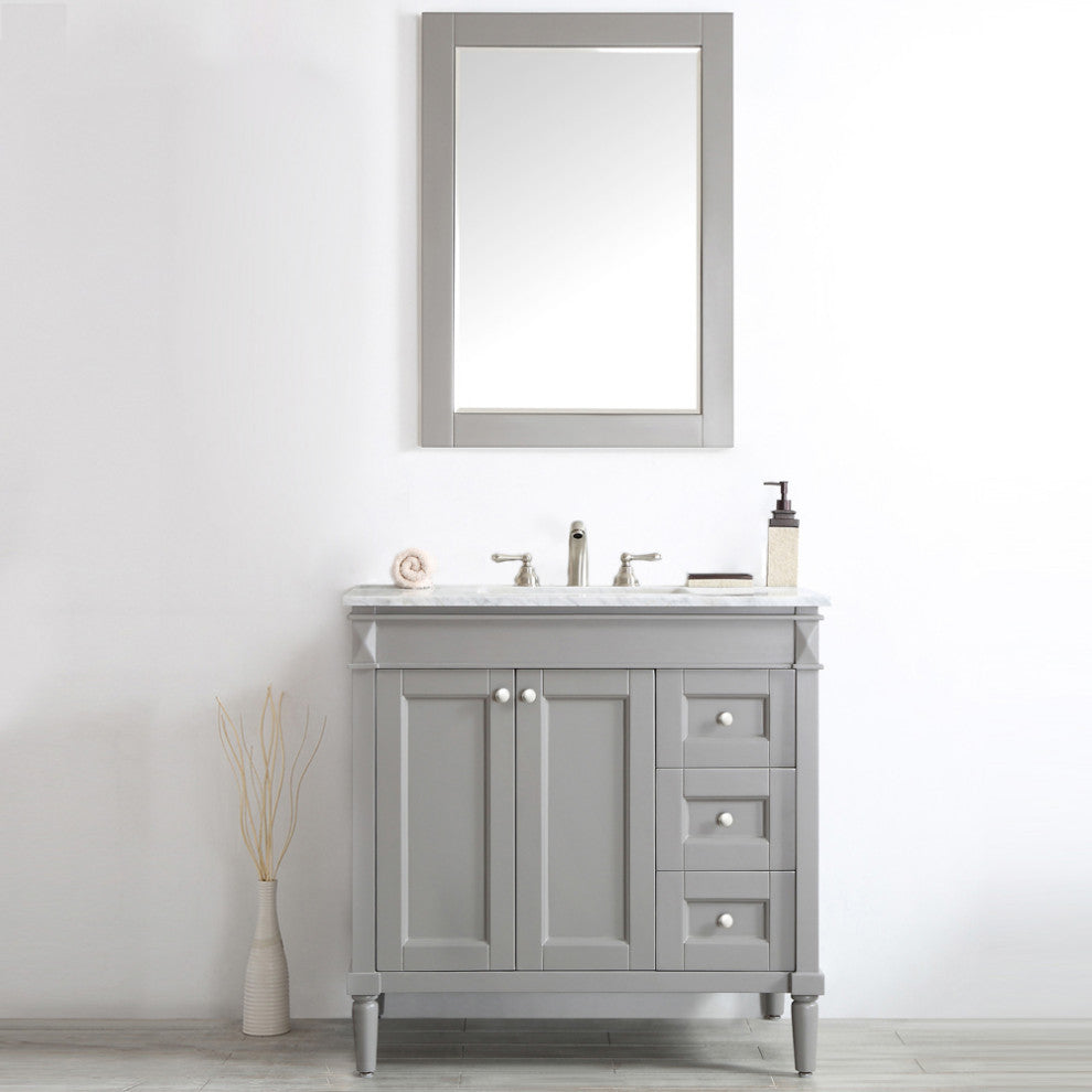 Catania 36" Vanity in Grey with Carrara White Marble Countertop With Mirror