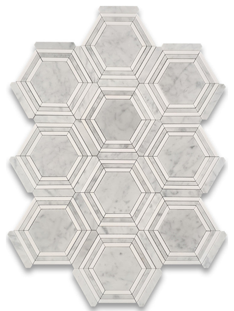 Carrara White Marble 5" Hexagon Georama Tile Thassos Strip Polished, 1 sheet