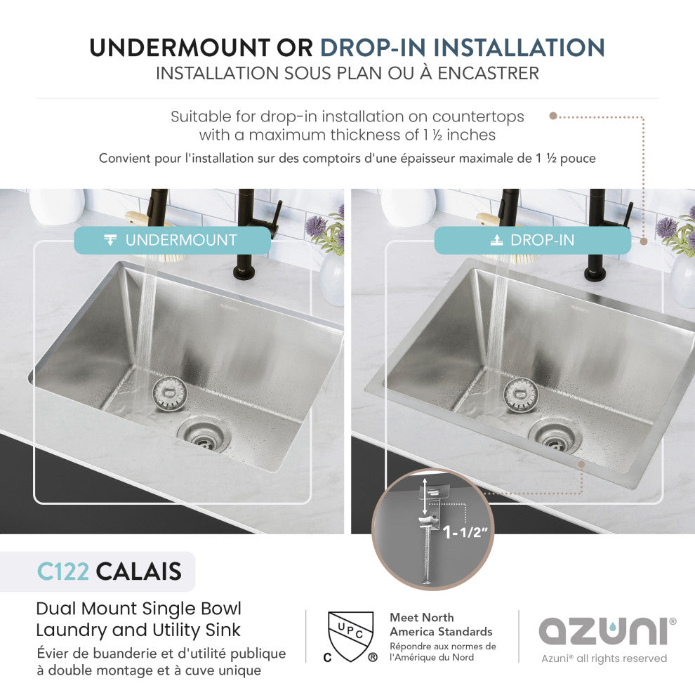 STYLISH Dual Mount 22" Single-Bowl Stainless Steel Utility Laundry Sink C122