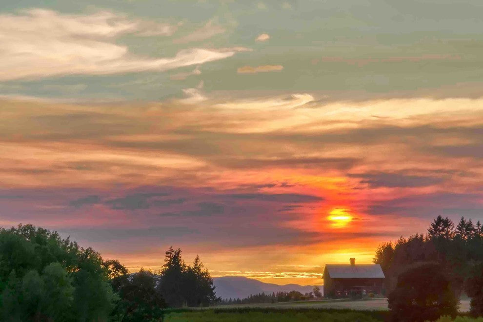 "Barn on the Ridge at Sunset" Painting Print on Canvas