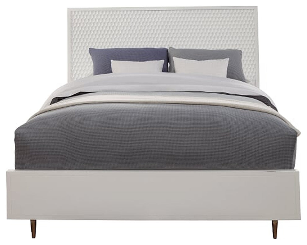 Benzara BM206683 Wooden California King Bed With Honeycomb High Headboard, White
