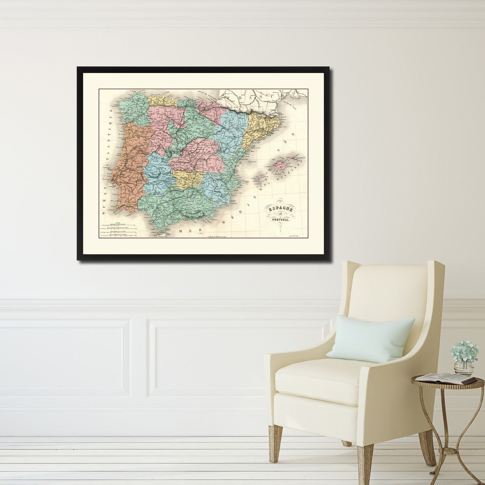 Spain, Portugal Vintage Map Print On Canvas With Picture Frame 16" X 21"