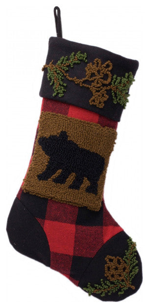 Set of 2 Plaid Stocking With Rug Hooked, Bear