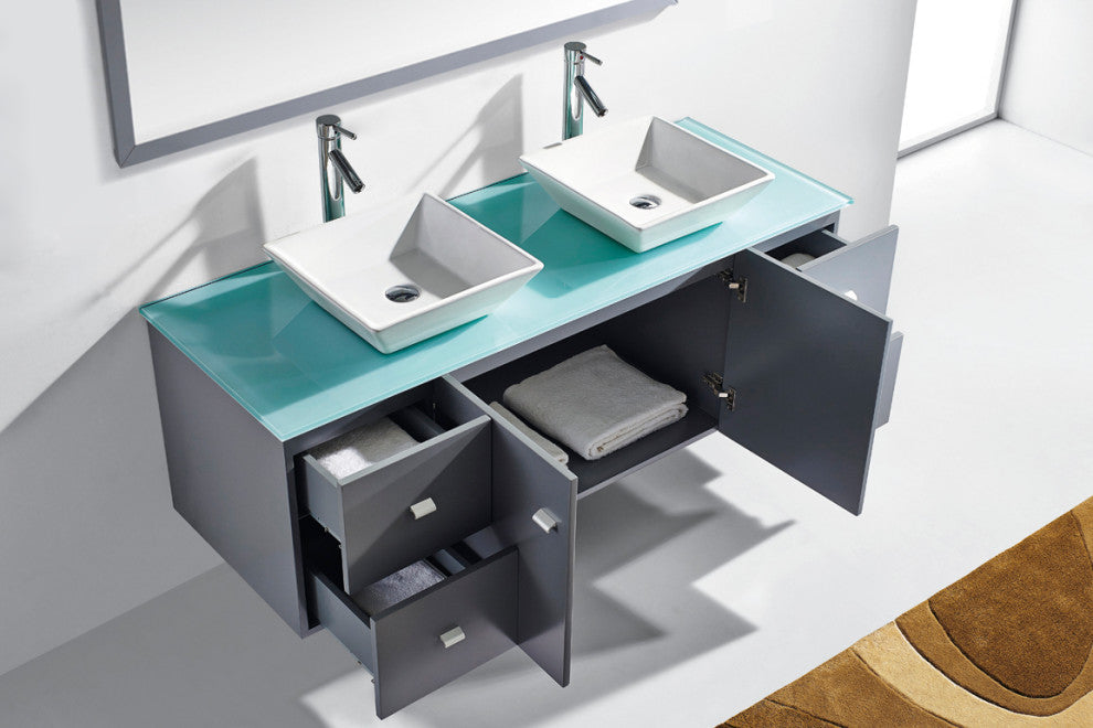 Clarissa 61" Double Bathroom Vanity Set, Gray, Aqua Tempered Glass Countertop, B
