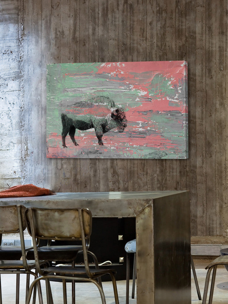 "Green Paint Buffalo" Painting Print on Wrapped Canvas, 24"x16"