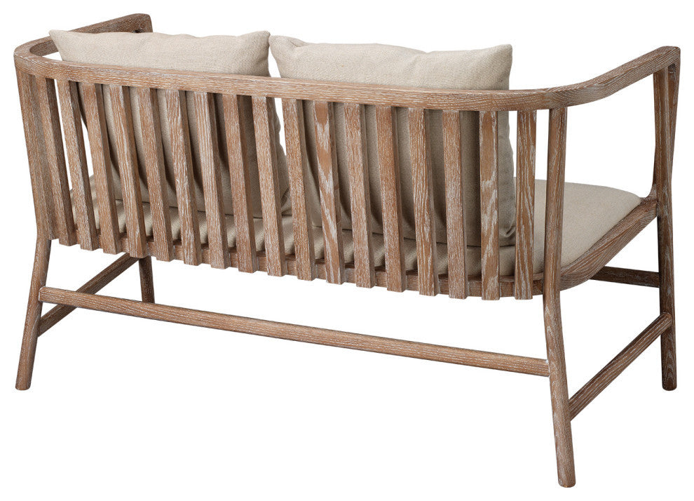 Grayson Settee, Off White Linen and Gray Washed Wood