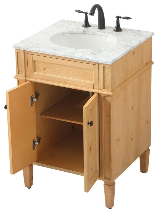 Home Living Vanity with Carrara White Marble Countertop, Natural Wood, 24", Single Sink