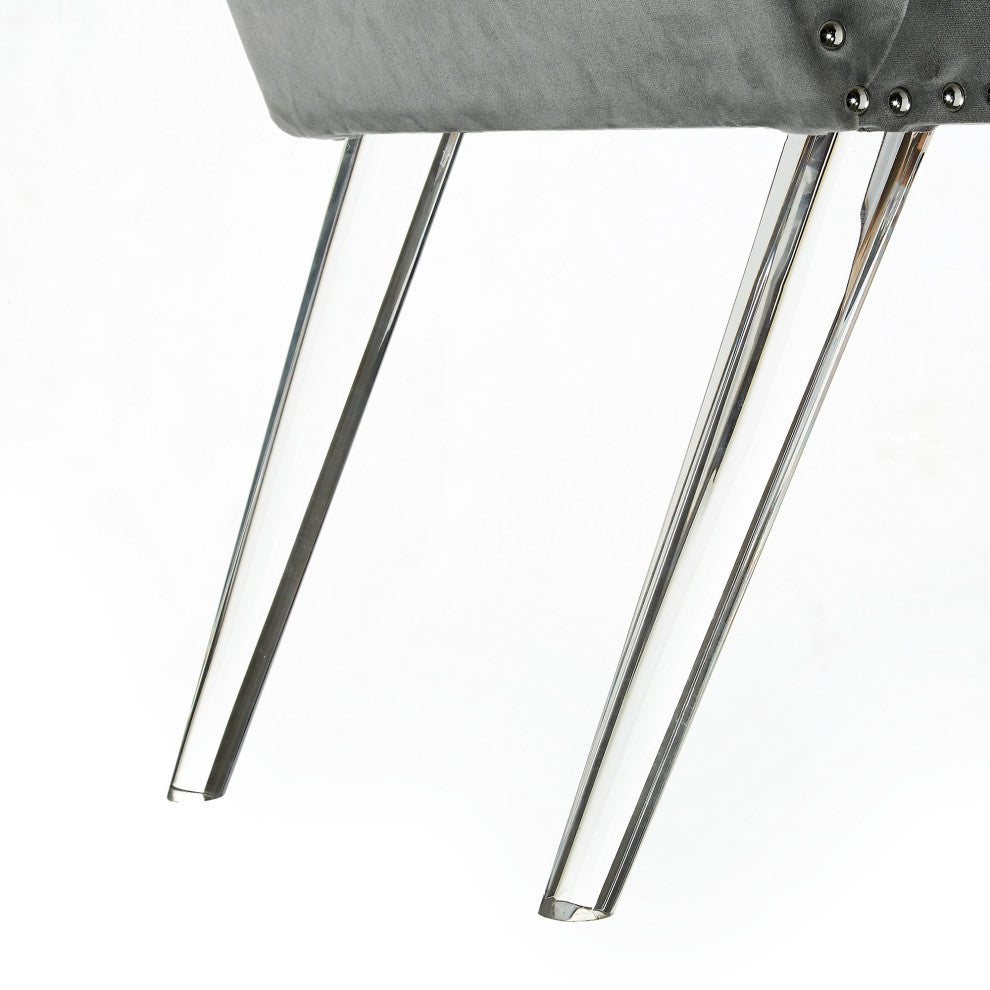 Minelly Velvet Modern Contemporary Nailhead Trim Acrylic Legs Bench, Gray