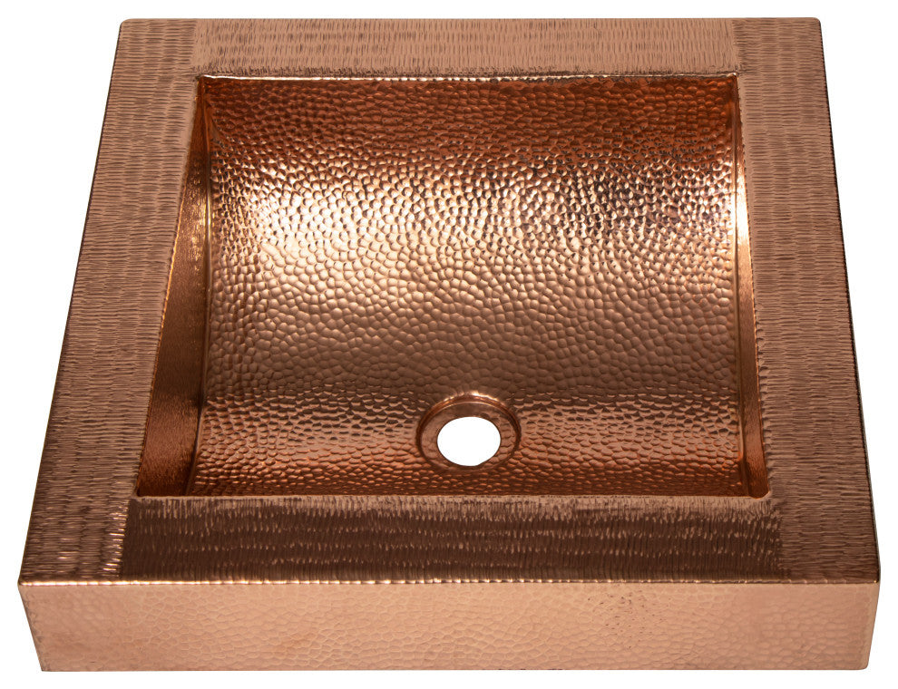 17" Square Apron Curved Bottom Hammered Copper Bathroom Sink, 17 Gauge