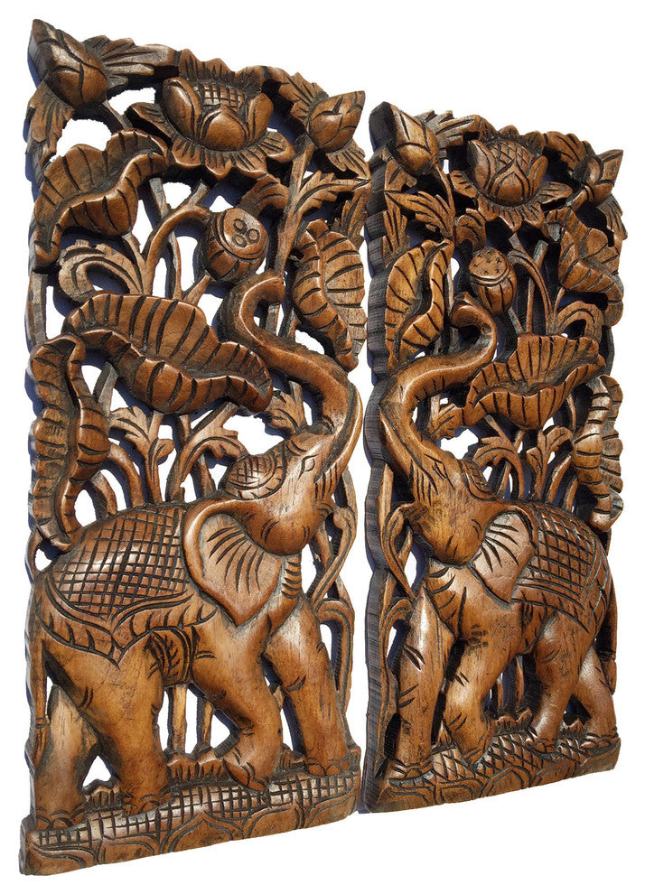 Elephant With Lotus flower Carved Wood Wall Art Decor, Animal Home Decor, Brown