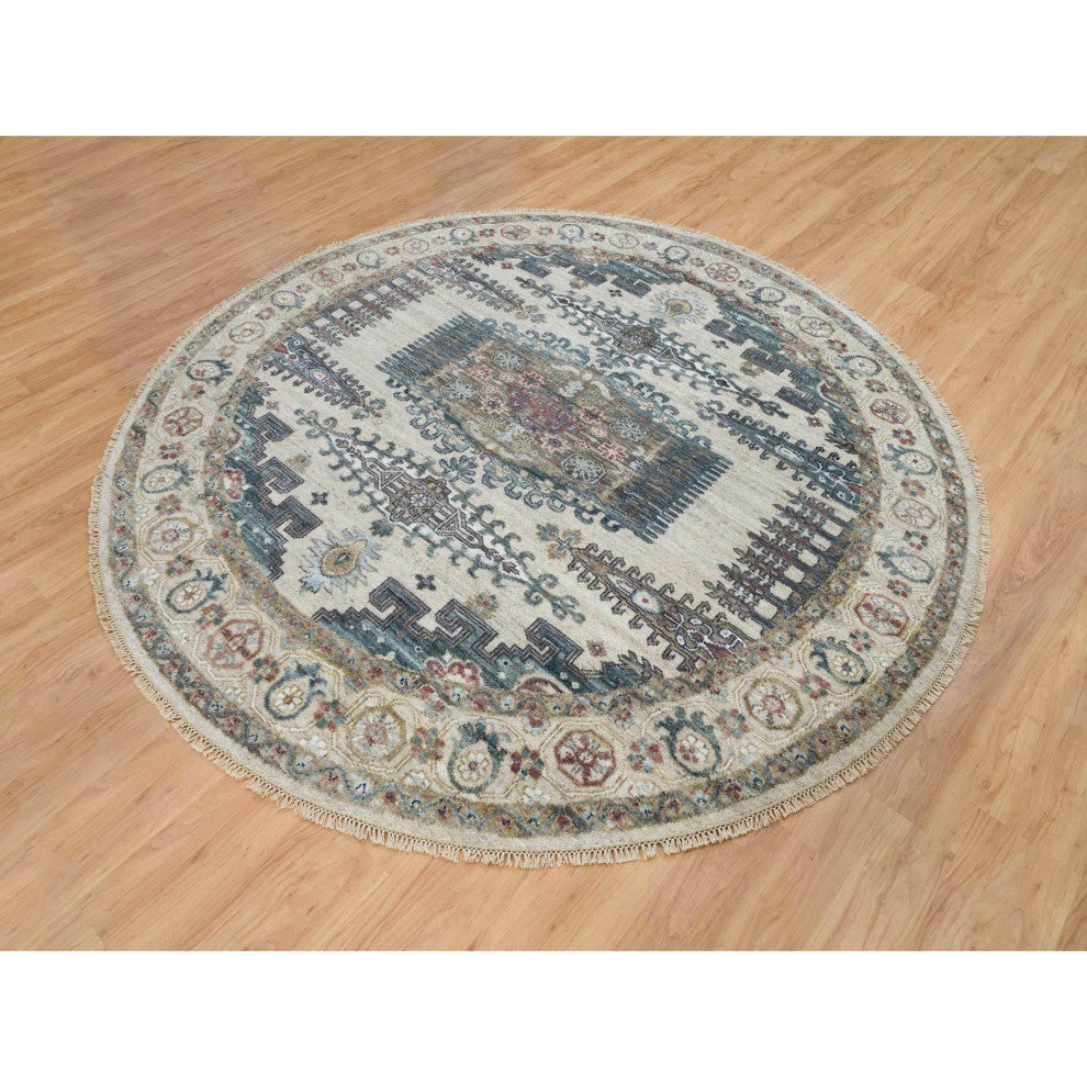 Alabaster Ivory Wool Reimagined Viss Design Hand Knotted Round Rug, 8'x8'