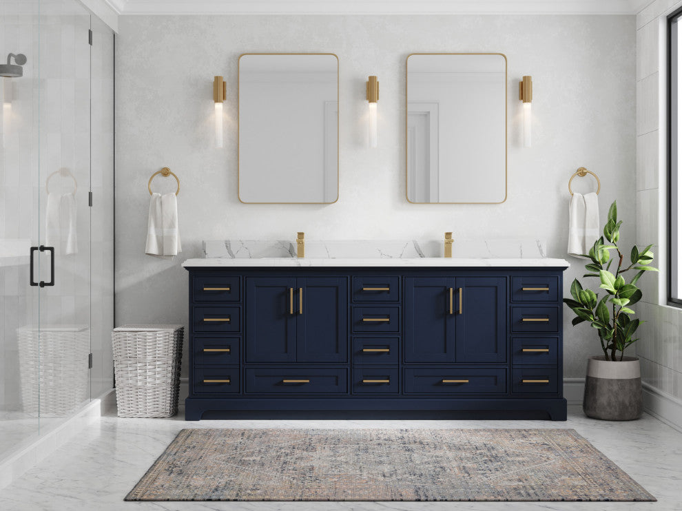 Fenway 84 Double Sink Bath Vanity in Navy Blue 1.5" Calacatta Laza