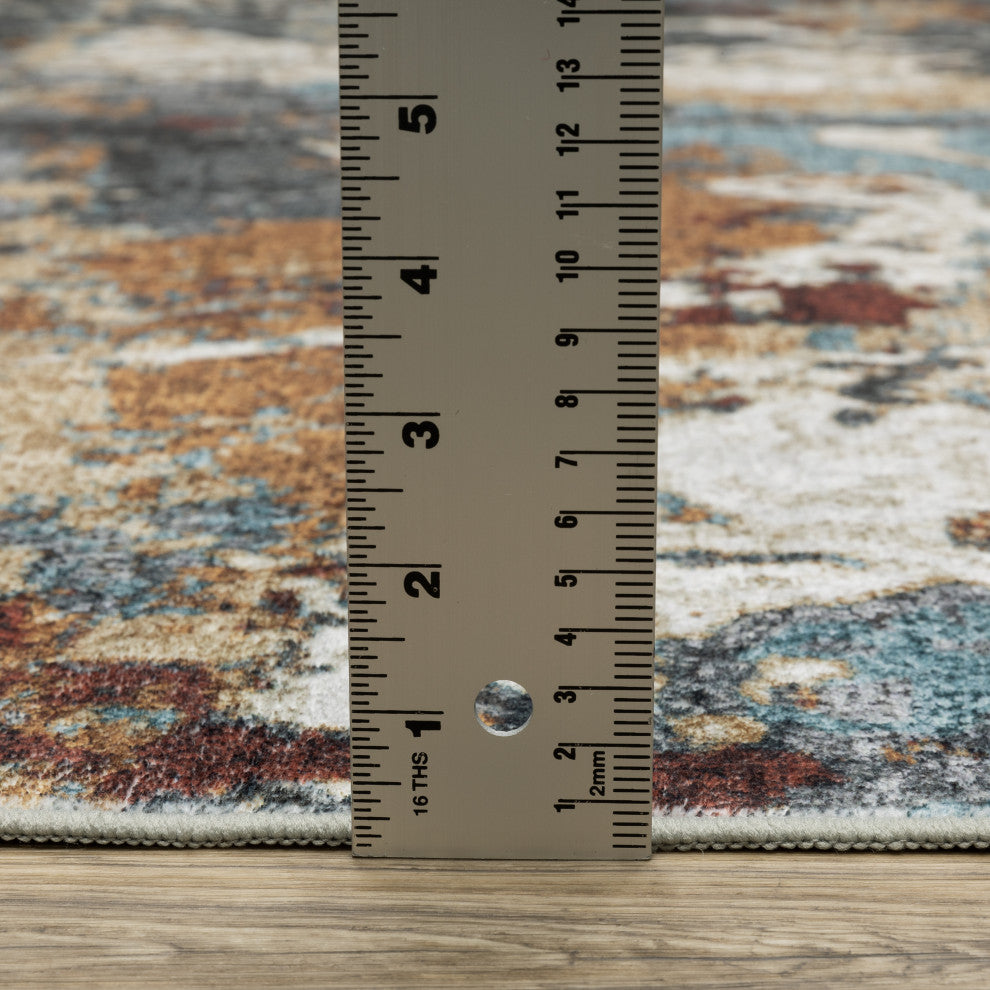 Sasha Abstract Earth Machine Washable Rust/Blue Area Rug Mat 5' x 7'