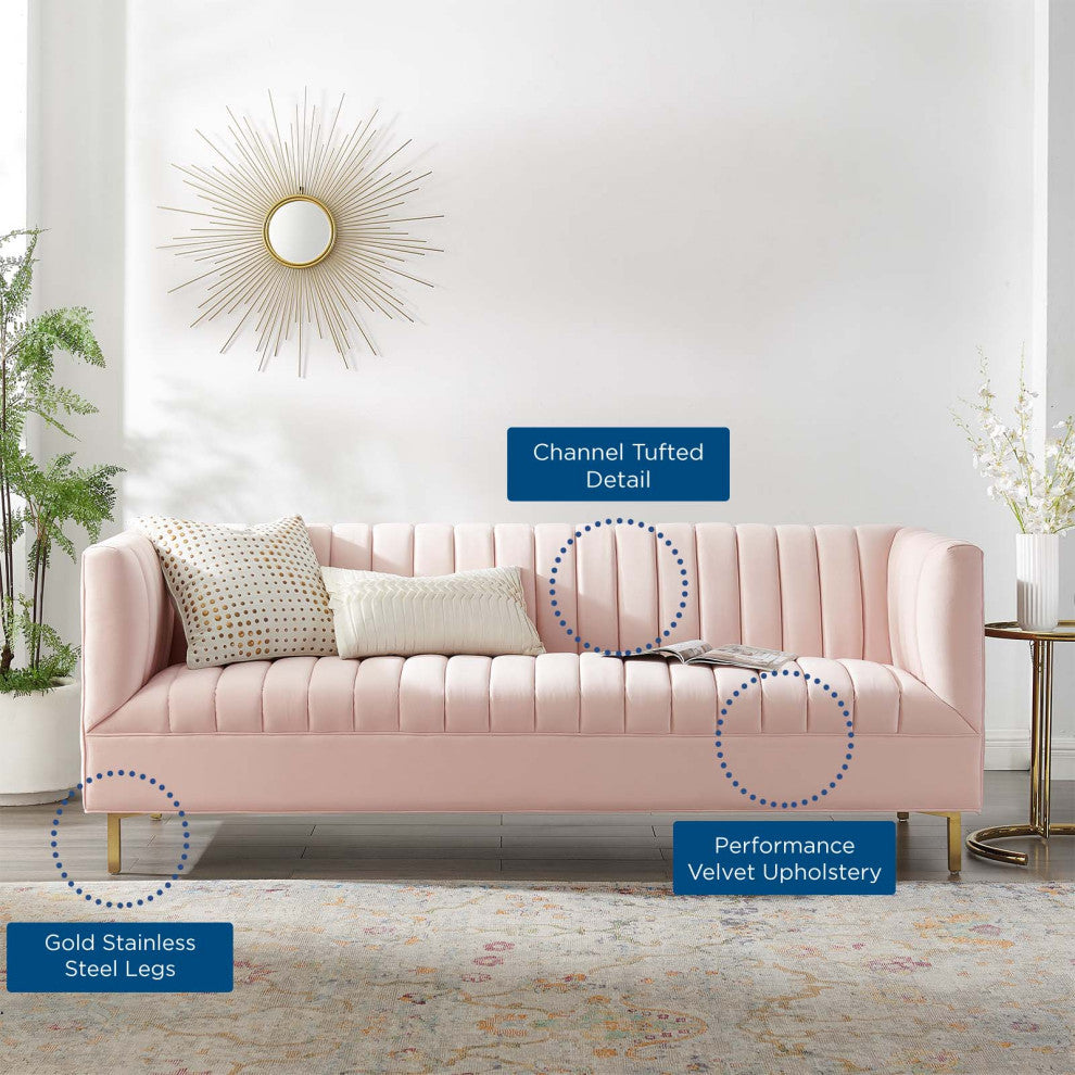 Tufted Sofa, Velvet, Pink, Modern, Living Lounge Room Hotel Lobby Hospitality