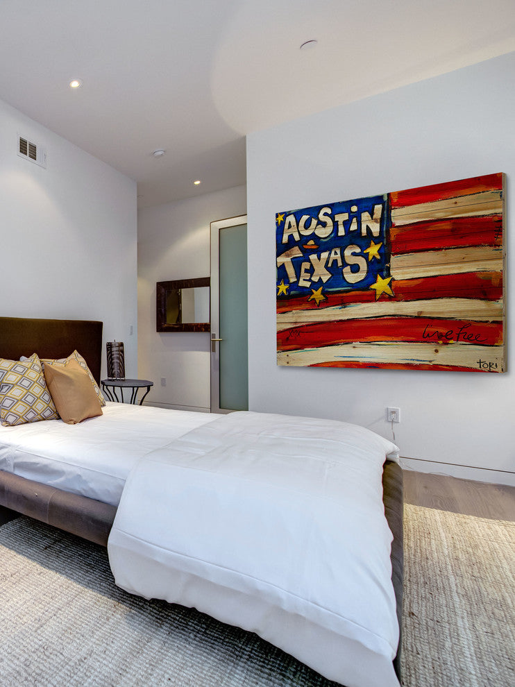 "Austin Flag" Print on Natural Pine Wood by Tori Campisi Painting